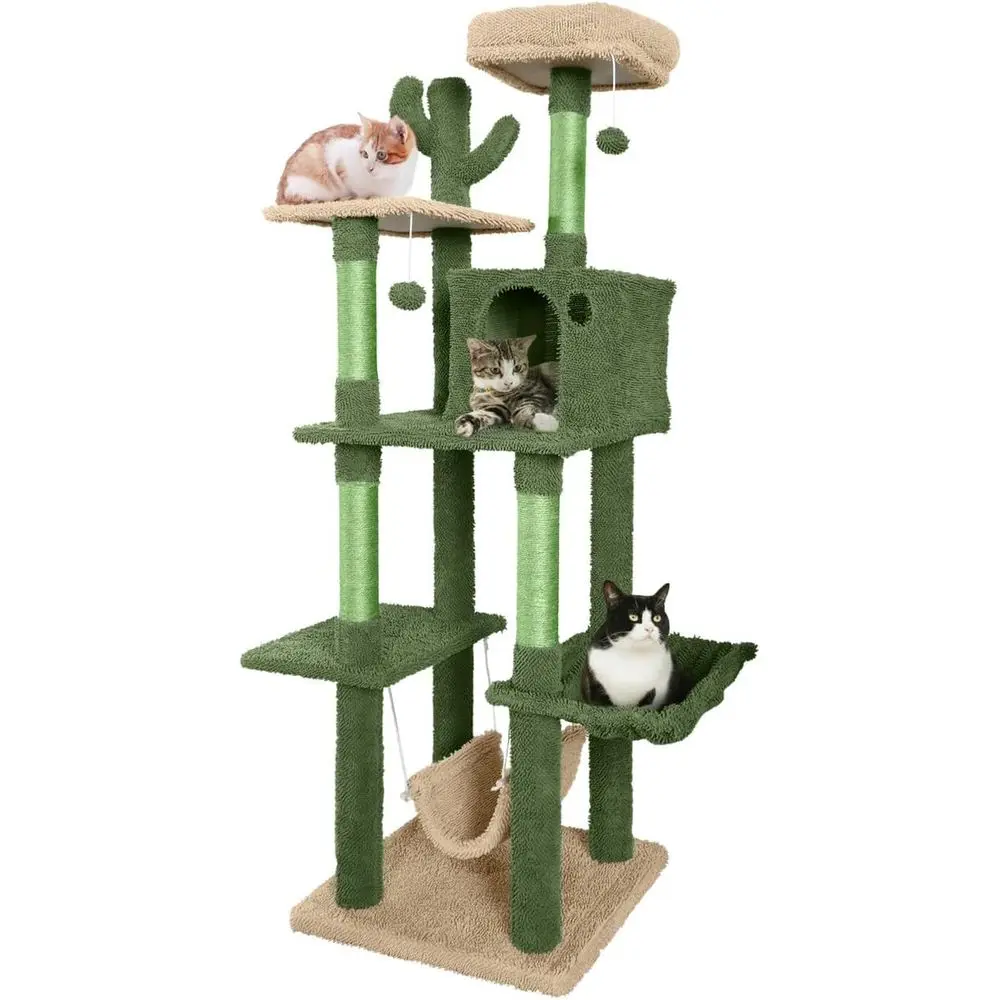 Cat Scratching Post - Mehrstöckiger 70-Zoll Kaktus-Kratzbaum mit Plüschliegeplatz, Kratzsäulen
